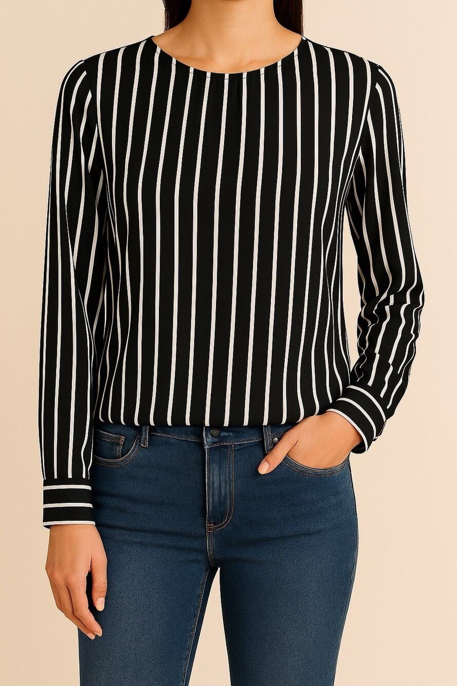 Women’s Black & White Vertical Stripe Long-Sleeve Top